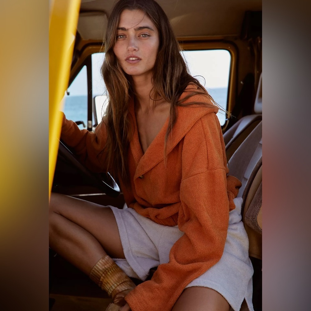 Free People Beachy Relaxed Terry Bino Pullover in Honey Eyed Orange Size XL